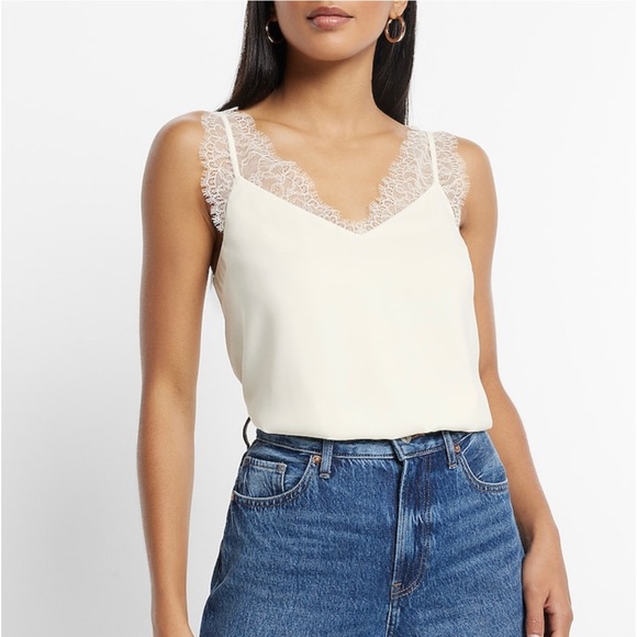 Express Tops - EXPRESS CAMI TANK WITH LACE DETAIL WHITE WITH WHITE LACE SZ XL